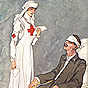 A White female nurse reads a letter to a seated wounded White male soldier with bandage on his head.