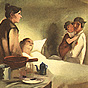 A White female nurse in white sits and holds a White girl next to the bed of a ill White woman.