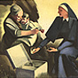 A White female nurse in black hands medicine to an elderly White woman holding an ill child.