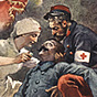 A White female nurse tends to a wounded White soldier, a woman in armor behind holds French flag.
