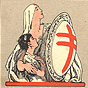 A White female nurse holding a shield with the red Cross of Lorraine, holding a young White boy.