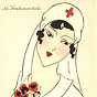 A White female Red Cross nurse in white holding flowers to her chest with her left hand.