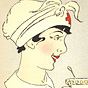 The profile of a White female Red Cross nurse in white, smiling and holding a cup.