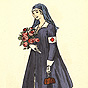 A White female Red Cross nurse in a blue cloak, holding a small brown package and flowers.