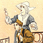 A White nun nurse holding a cross and looking up. A White soldier is in Front: of her.