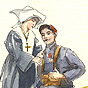 A White nun nurse standing beside a seated White male soldier, fixing something on his shoulder.