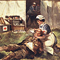 Two White female nurses in white and blue tending to wounded White male soldier at a field hospital.