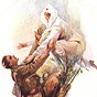 A White female Red Cross nurse in white reaching towards a White male soldier in a trench.