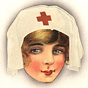 The head of a White female Red Cross nurse with flowing head covering.