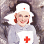 A seated White female Red Cross nurse in blue and white, with red hair, smiling at viewer.