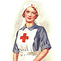 A White female Red Cross nurse in blue and white holding a piece of paper in her hands.