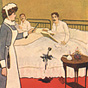 A White female nurse offering a fountain pen to a White male patient who spilled ink on his bed.
