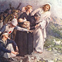 A White female Red Cross nurse and Jesus ushering sick and wounded people into a green pasture.