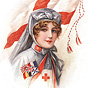 A White female nurse with multiple flags from the allied Entente countries displayed on her chest.
