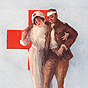 A White female nurse helping a wounded White male soldier walk, in Front: of the Red Cross symbol.