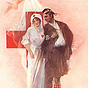 A White female nurse supporting a Scottish male soldier, Cupid flies above them.