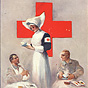 A White female nun nurse serving a hot beverage to two wounded White male soldiers in bed.