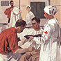 White man with arm injury is tended to by White doctor and White nurse, as two others look on.