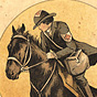 A White female with Red Cross armband riding a horse and carrying a satchel bag over her shoulder.