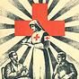 A White female nurse serves a beverage to two men; Red Cross emblem radiates light behind group.