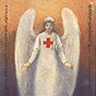 A White female angel wearing the Red Cross, looking down at wounded soldiers with arms outstretched.