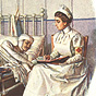A White female Red Cross nurse in white writing a letter for a bandaged White male soldier in bed.