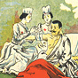 Two Japanese female Red Cross nurses bandaging a Japanese man sitting up in bed.