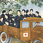 Eleven female Japanese nurses and two Japanese soldiers inside a Red Cross truck.