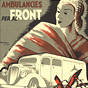 An ambulance drives next to barbed wire, in the background is a woman wrapped in a cloak.