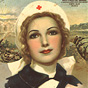 A White female nurse, gazing past the viewer, with a war scene in the background.