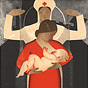 A White woman stands and nurses a White baby, with a White female nurse behind her.