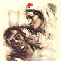 A wounded White man in bed, eyes closed, a White female nurse leans her face towards his.
