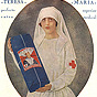 A White female nurse holds a blue package and looks at the viewer.