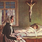 A White female nurse with head covered sits beside the bed of a sleeping ill White boy.