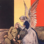 A White female nurse with wings kneeling beside a wounded White male soldier.