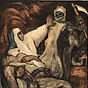 A White female nurse with a wounded White soldier, guarding him from the personification of Death.