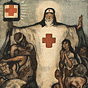 A White female nurse with arms outstretched. Sick people gather near her, covered in snakes.