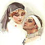 A White male solder with a bandage on his head, and a White female nurse looking down at him.