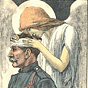 A White female angel in white robes caressing the head of a wounded White male soldier.