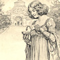 A White female in a Classical gown holding a small snake up to a small bowl.