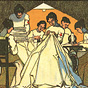 Six White female nurses in white sewing large sections of white fabric.
