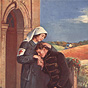 A White female nurse holding the head of a White male soldier to her chest; he kisses her hand.