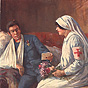 A White female nurse holding flowers in her lap a wounded White male soldier hands her a letter.