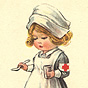 A White girl dressed as a nurse with a glass and spoon held in either hand.
