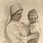 A White female nurse looking at a White baby boy she is holding.
