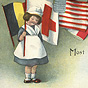 A White girl dressed as a nurse carrying the Red Cross flag. Numerous country flags are behind her.