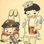 Asian girl dressed as a nurse beside an Asian boy dressed as a soldier with machine gun.