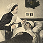 An elderly White female nurse (Lady Elisabeta) tending to a White male patient while holding a cup.