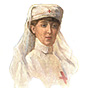 A bust of a White female nurse (Duchess Hélène) looking to the right.