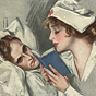A White female nurse in white reading a book to a White male patient in bed.